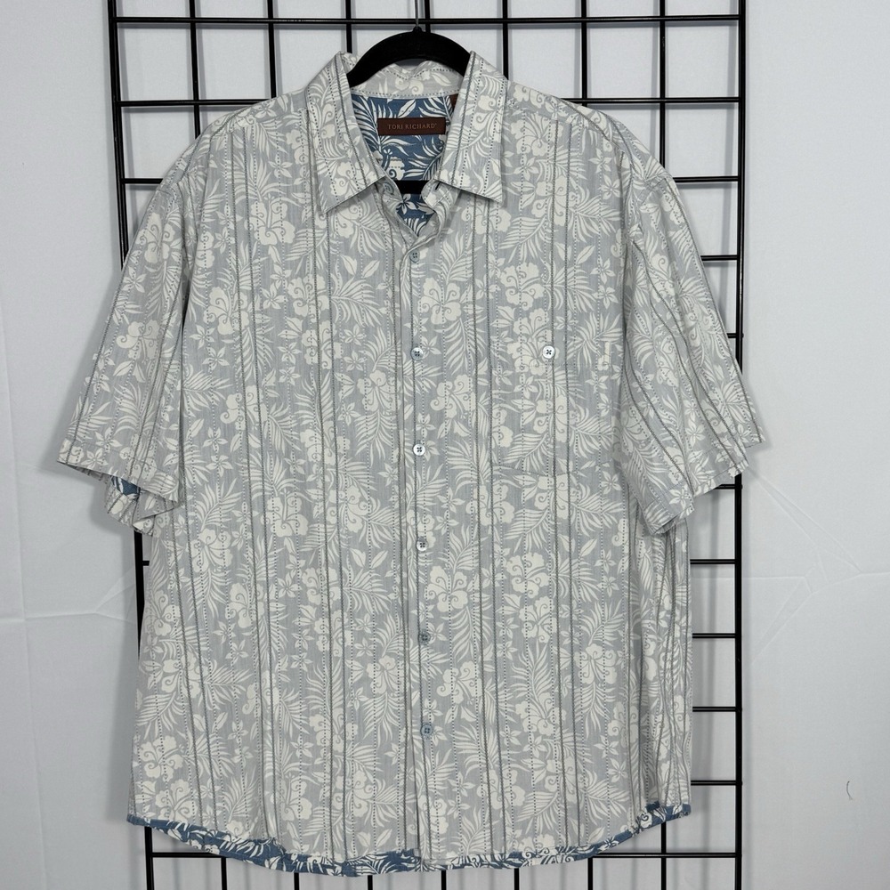 Tori Richard Hawaiian Floral Button Up Shirt Mens XL Blue Gray Tropical Resort